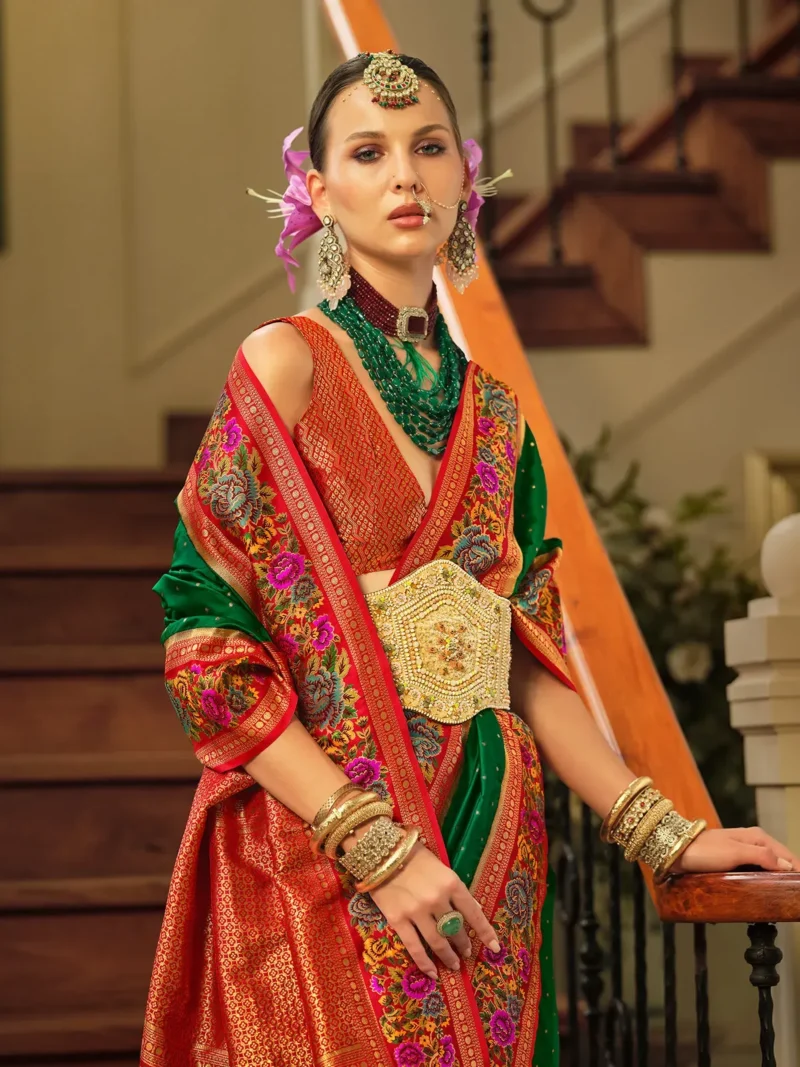 Dark Green Luxe Poly Viscose Banarasi Silk Saree - Image 3