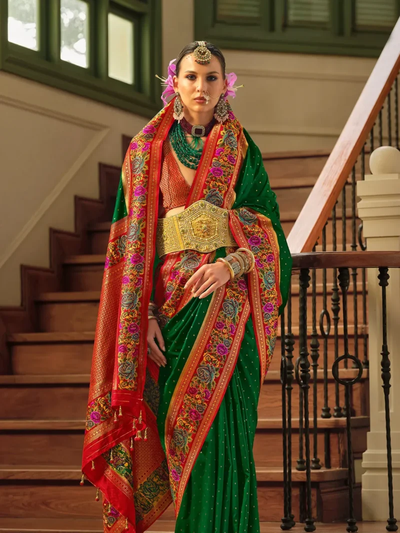 Dark Green Luxe Poly Viscose Banarasi Silk Saree - Image 2