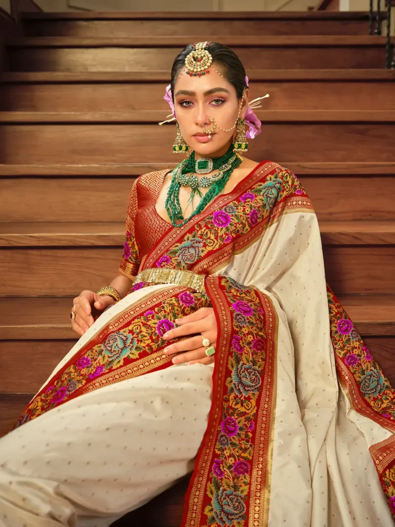 White Cream Luxe Poly Viscose Banarasi Silk Saree - Image 2