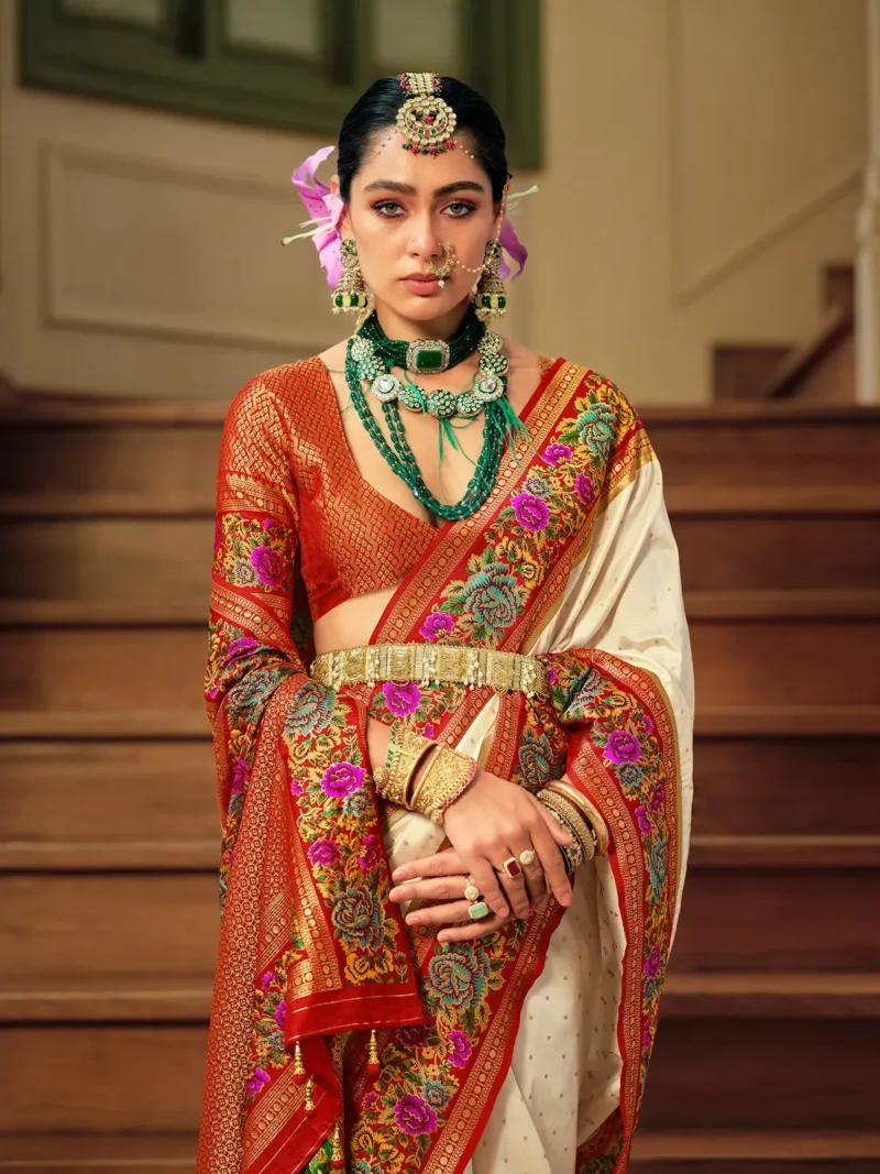 White Cream Luxe Poly Viscose Banarasi Silk Saree - Image 3