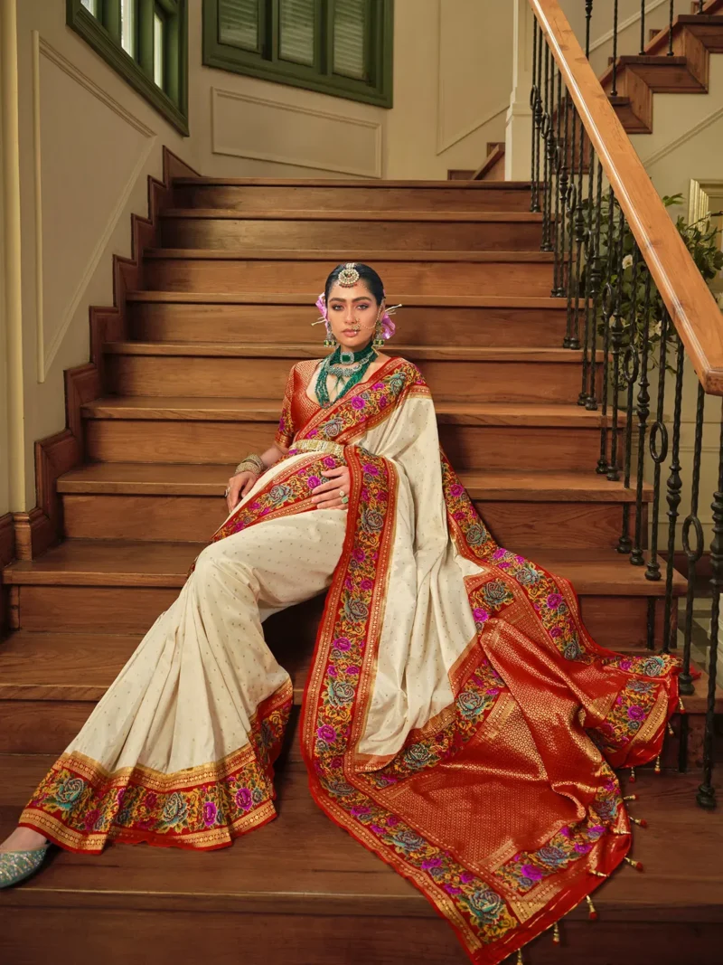 White Cream Luxe Poly Viscose Banarasi Silk Saree - Image 4