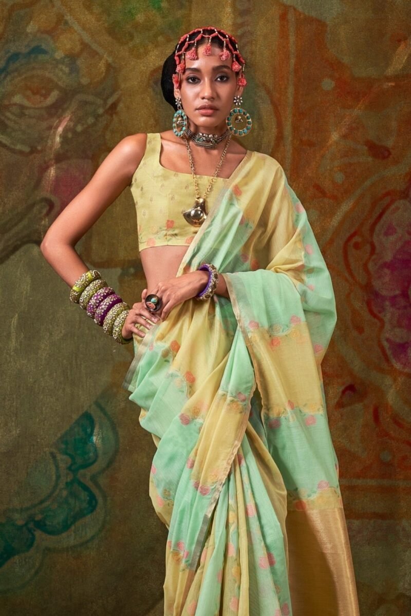 Mint Green and Pastel Yellow Organza Silk Saree - Image 4