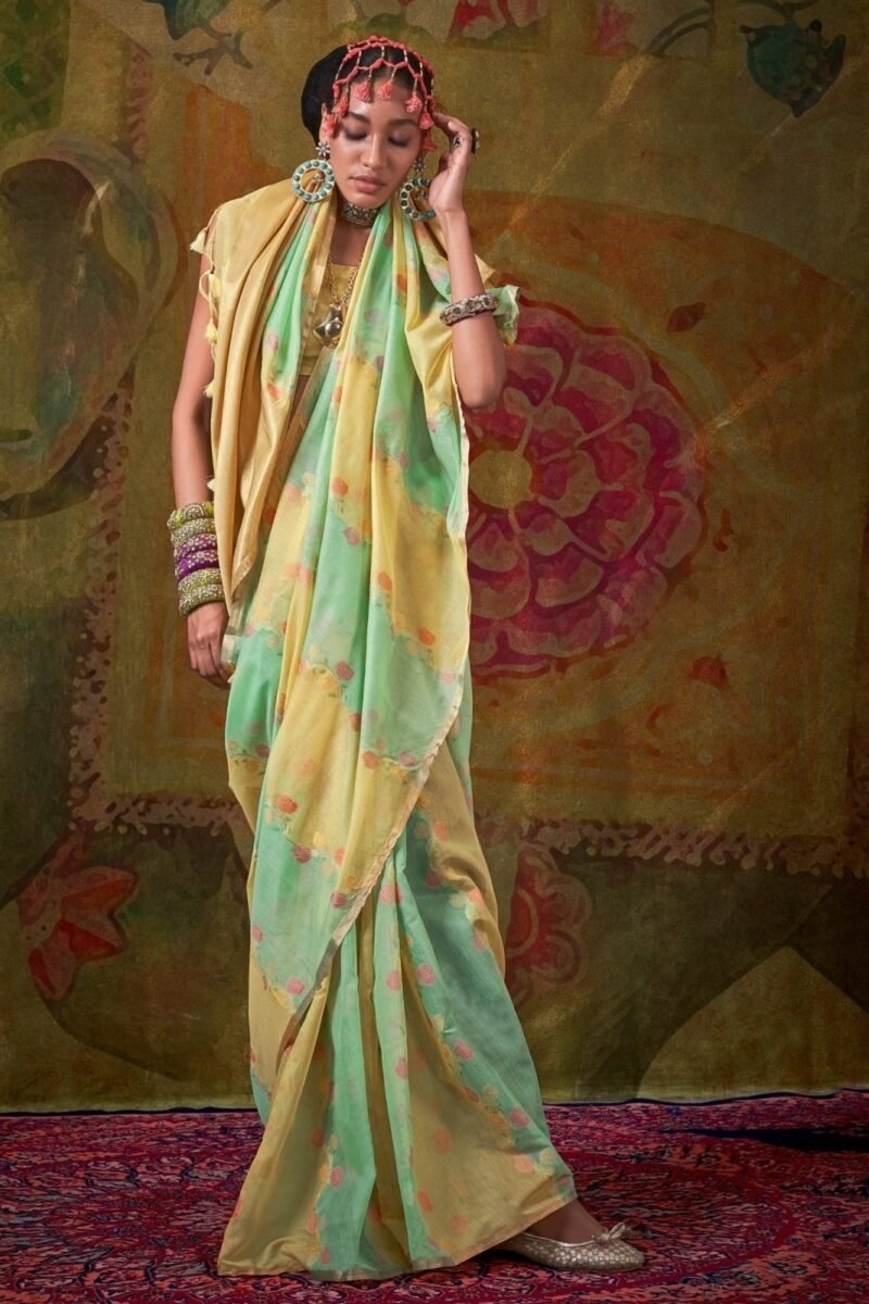 Mint Green and Pastel Yellow Organza Silk Saree - Image 2