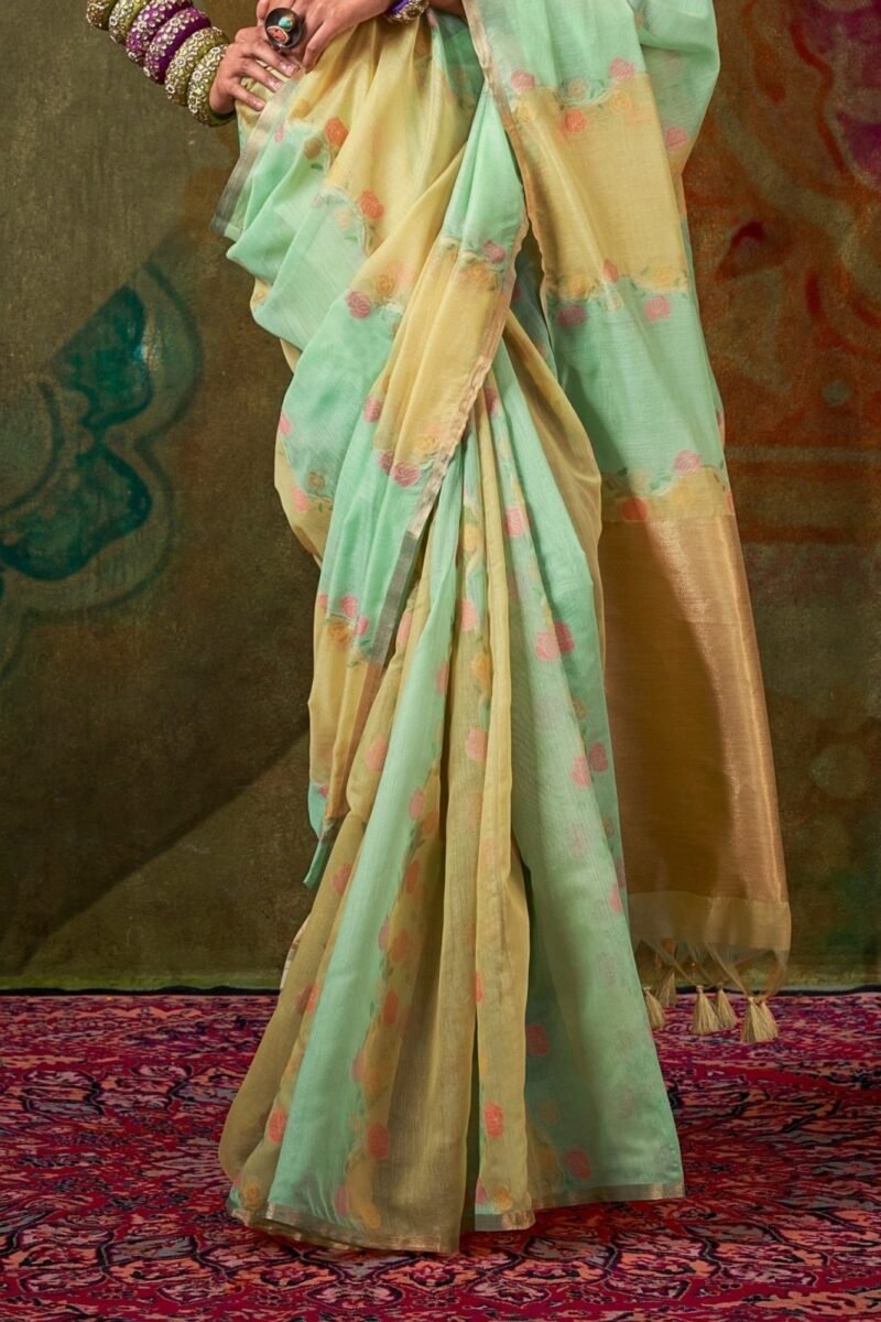 Mint Green and Pastel Yellow Organza Silk Saree - Image 3