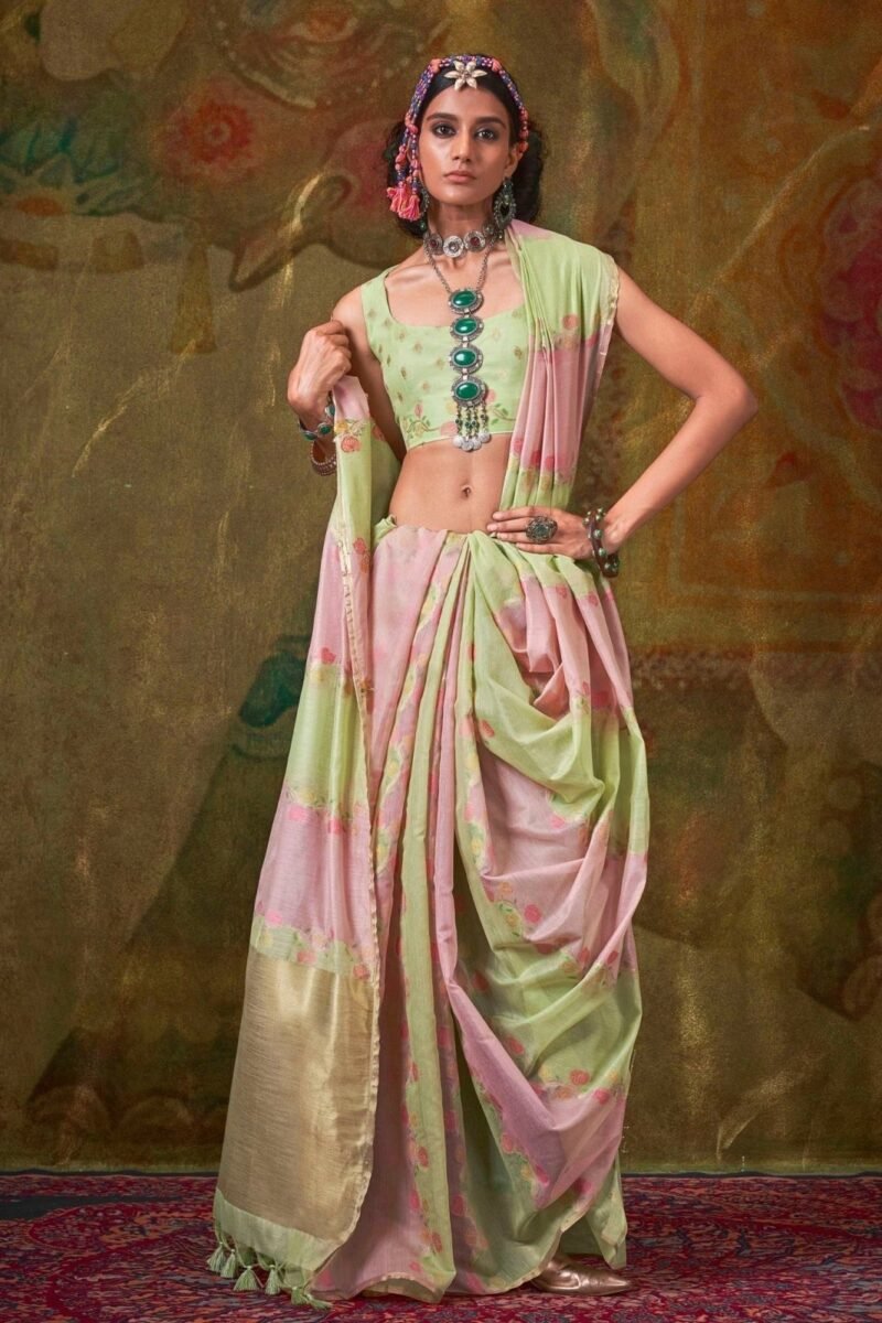 Pastel Pink and Light Green Organza Silk Saree - Image 3