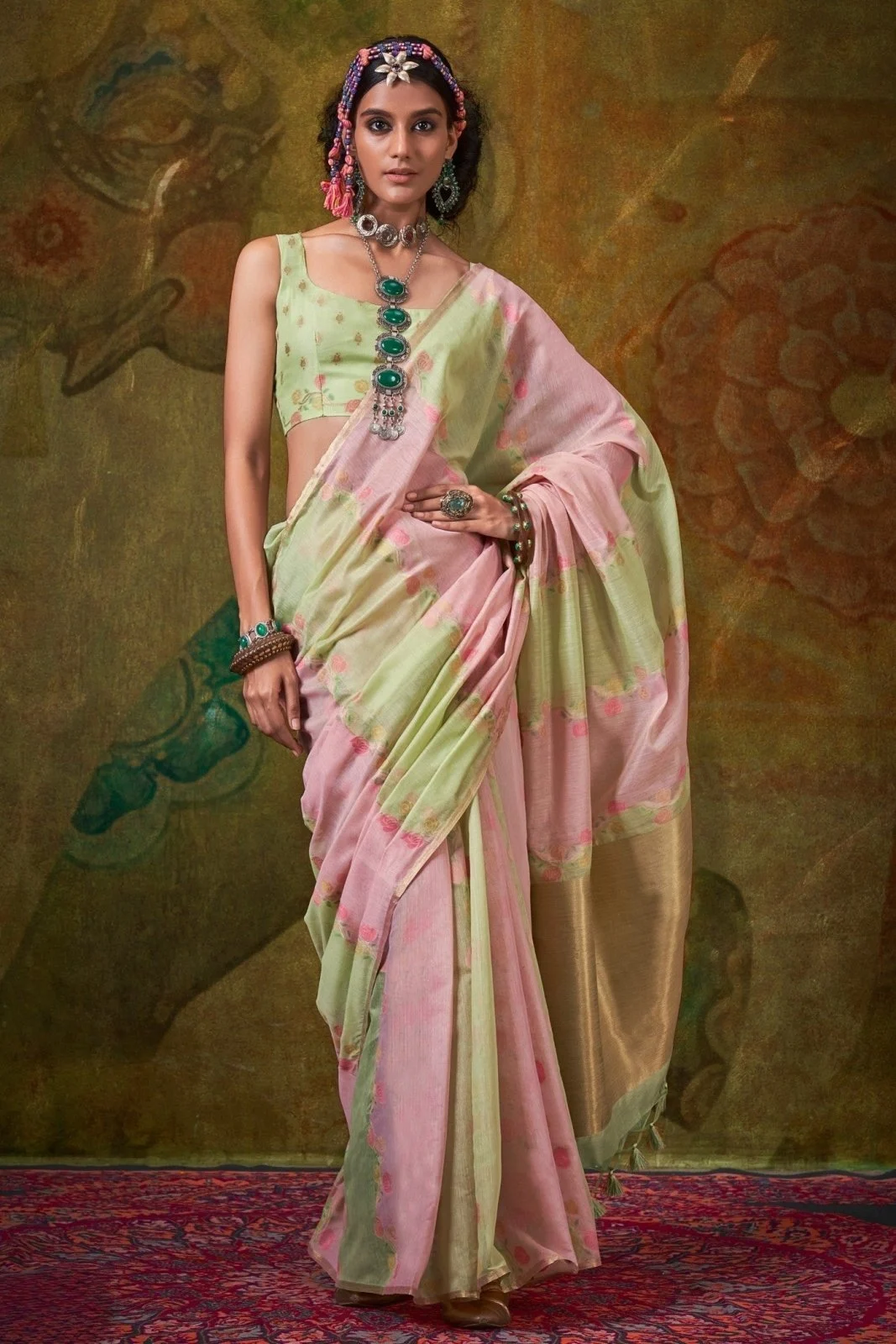 pastel-pink-and-light-green-organza-silk-saree-879533 Pastel Pink and Light Green Organza Silk Saree - Image 1