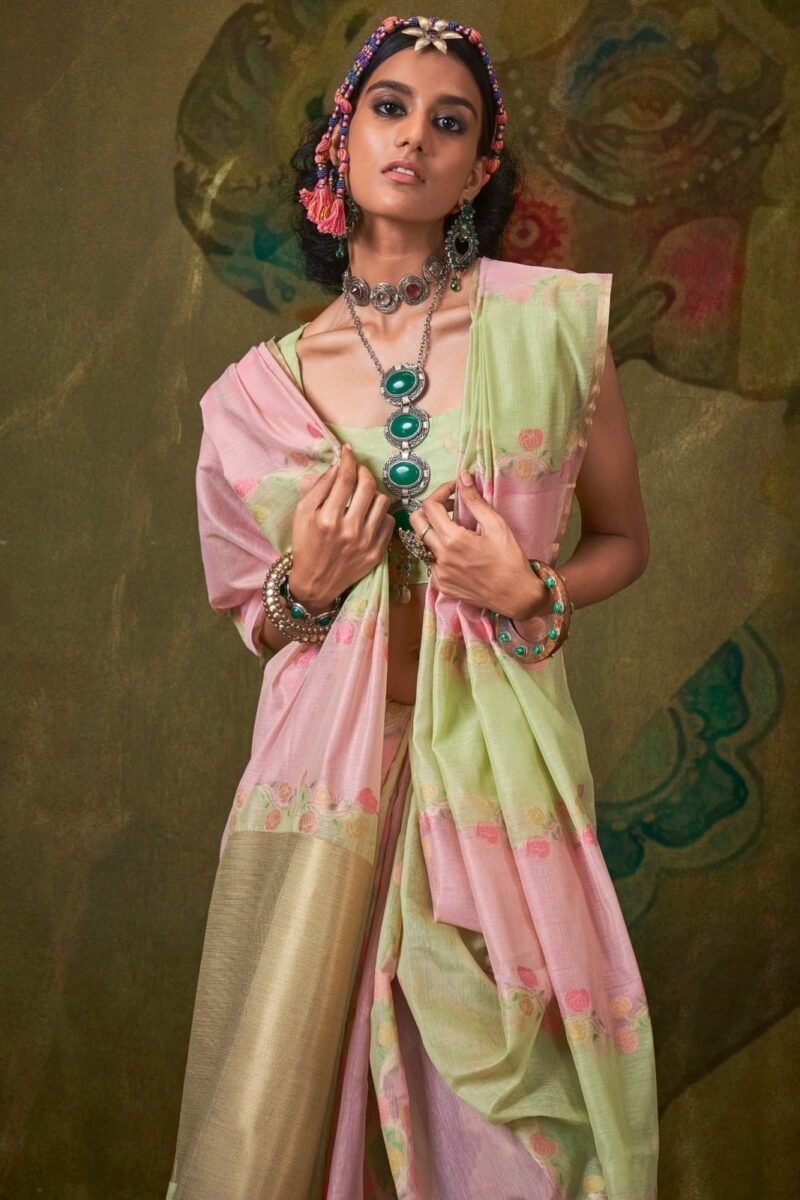 Pastel Pink and Light Green Organza Silk Saree - Image 4