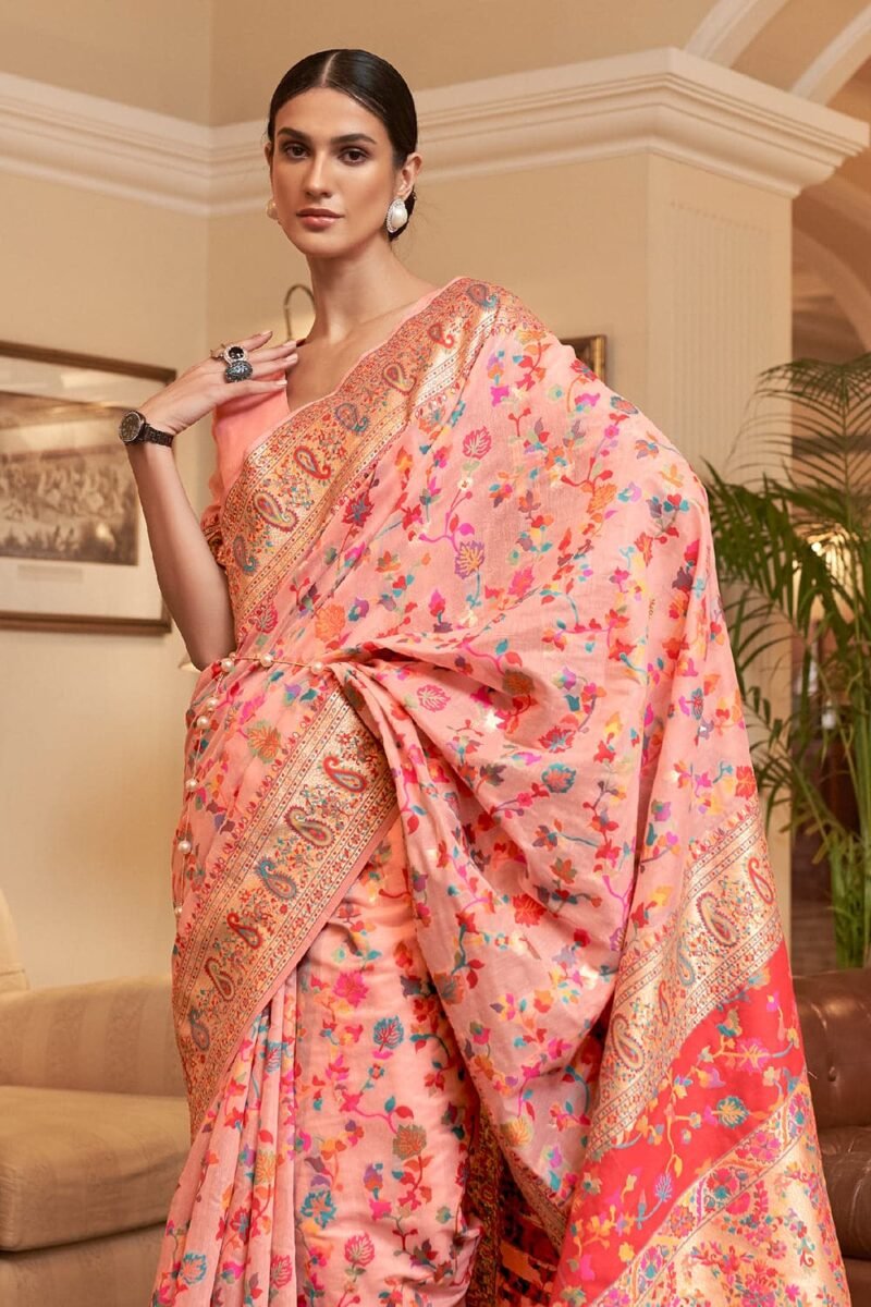 Light Pink Woven Jamewar Banarasi Saree - Image 2