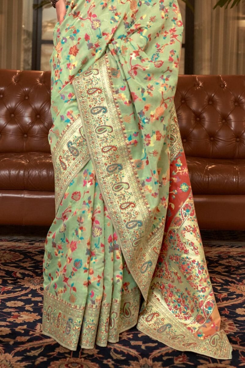 Light Green Woven Jamewar Banarasi Saree - Image 2