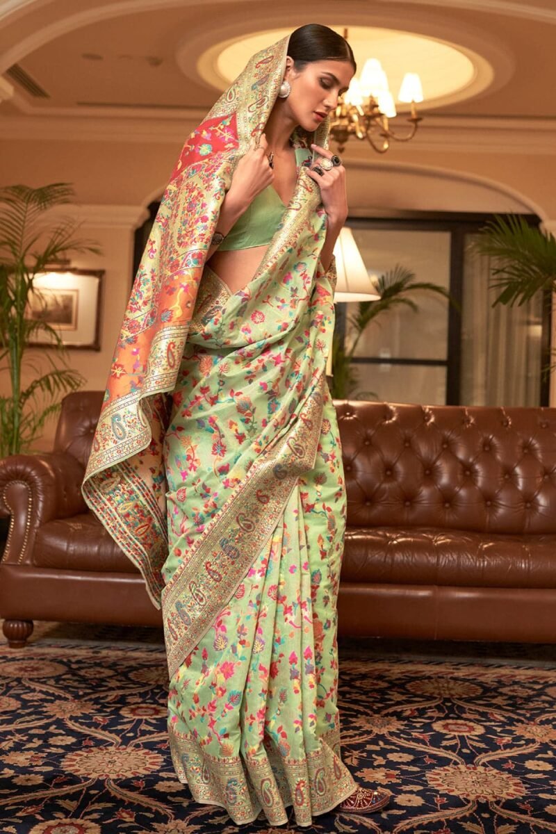 Light Green Woven Jamewar Banarasi Saree - Image 3