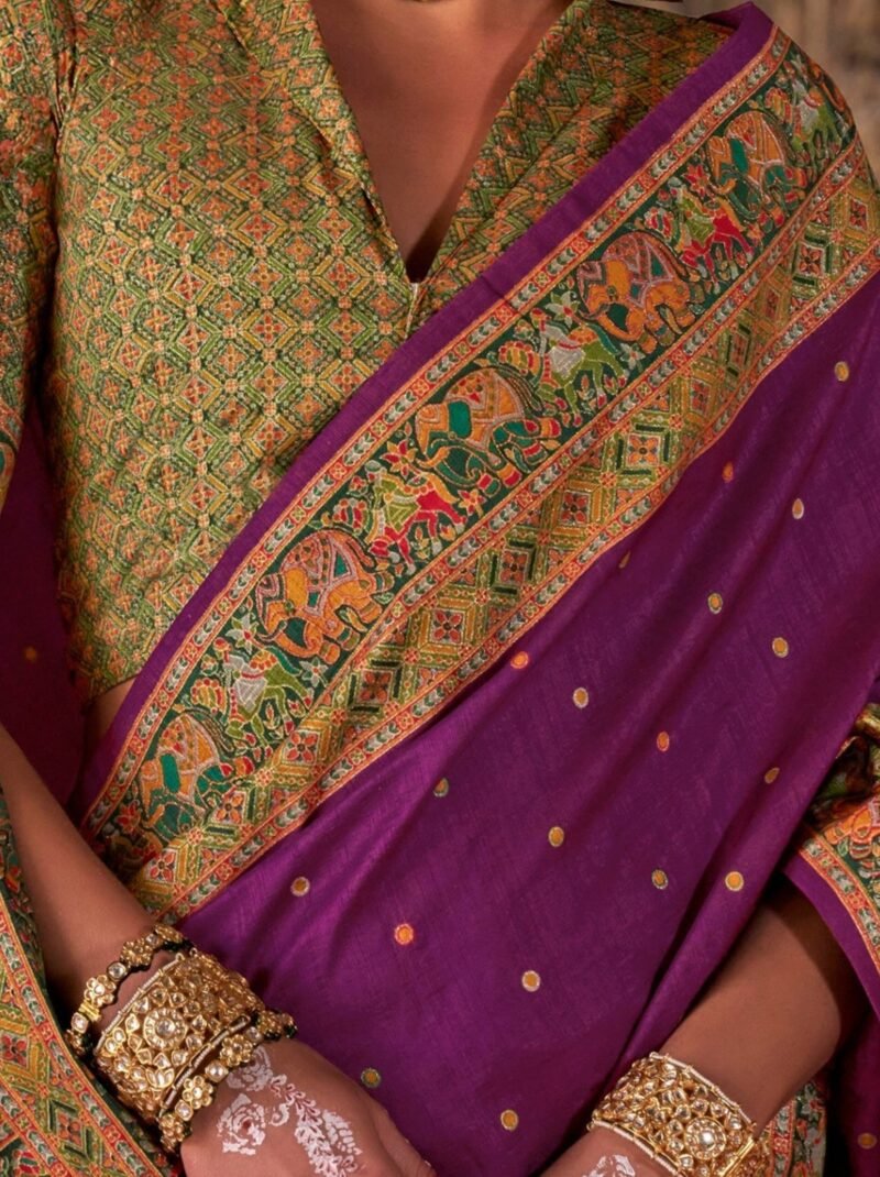 Purple Luxury Designer Printed Silk Saree - Image 4