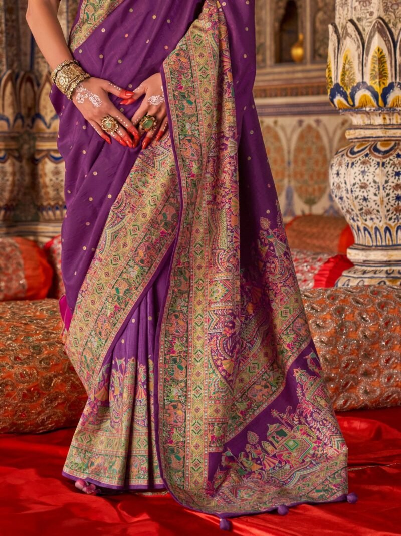 Purple Luxury Designer Printed Silk Saree - Image 2