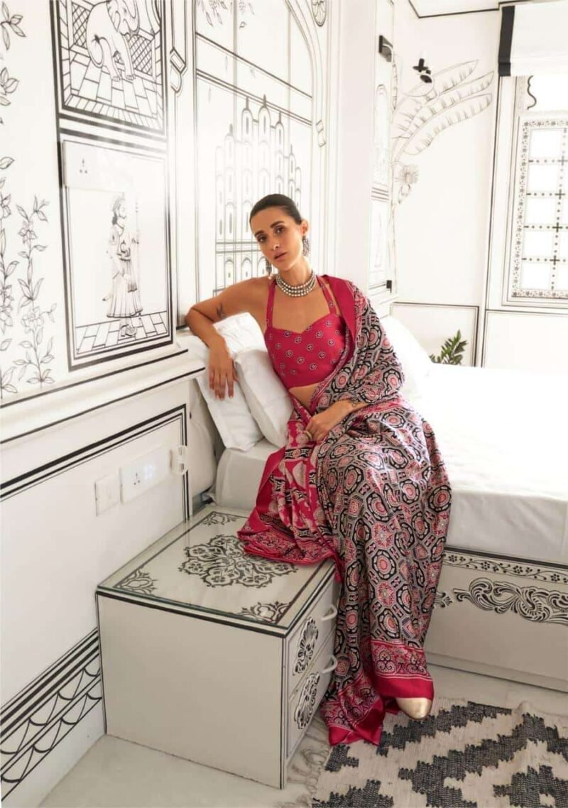 Cherry Red Printed Ajrakh Satin Silk Saree - Image 3