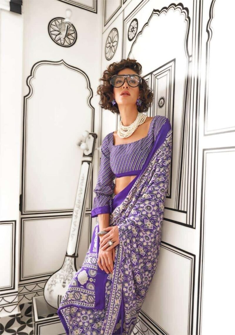 Purple Printed Ajrakh Satin Silk Saree - Image 4