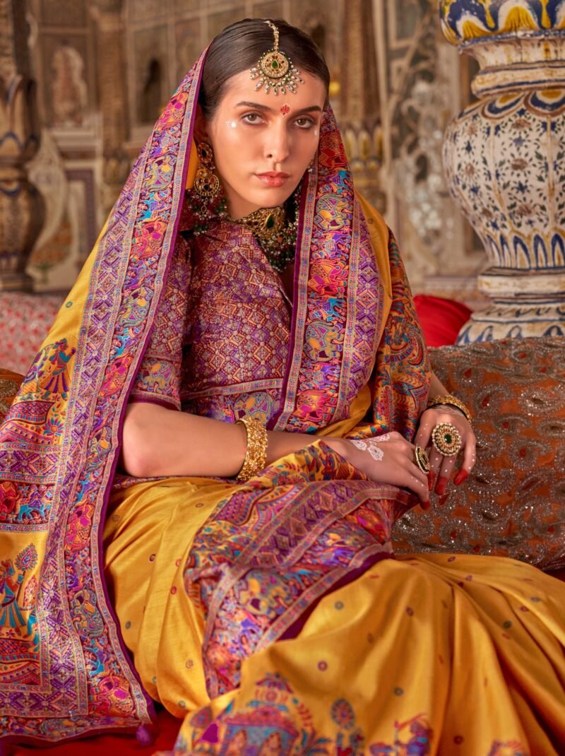 Yellow Luxury Designer Printed Silk Saree - Image 4