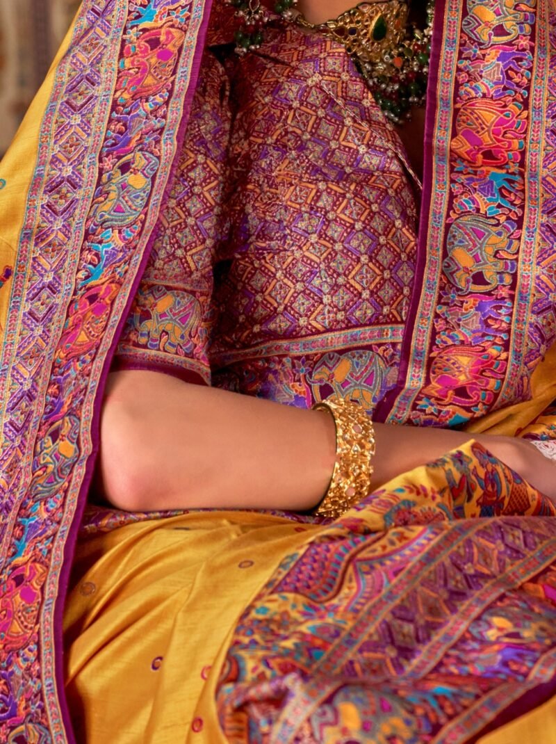 Yellow Luxury Designer Printed Silk Saree - Image 3