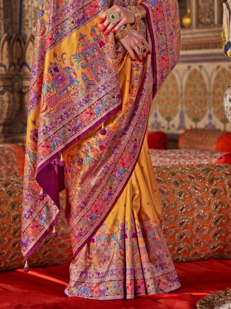 Yellow Luxury Designer Printed Silk Saree - Image 2