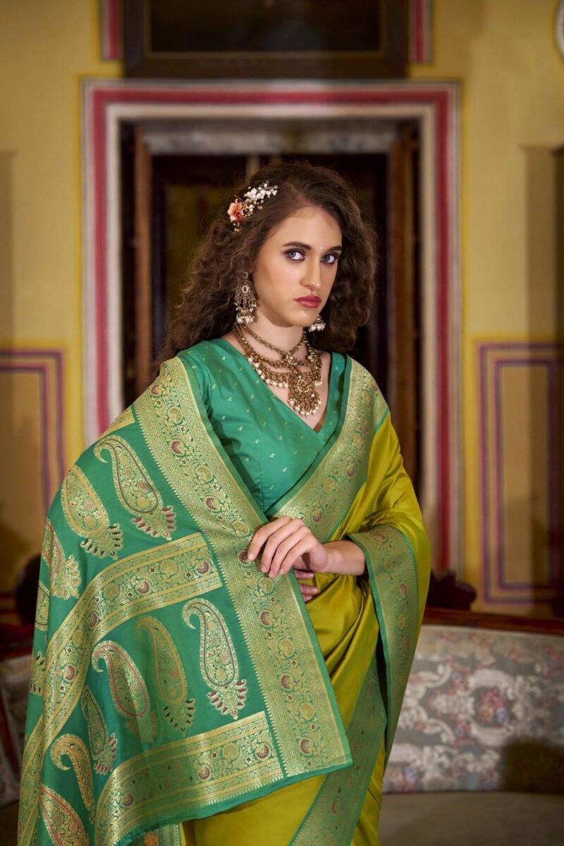 Pista Green Luxury Soft Banarasi Silk with Golden Zari Grandeur Saree - Image 4