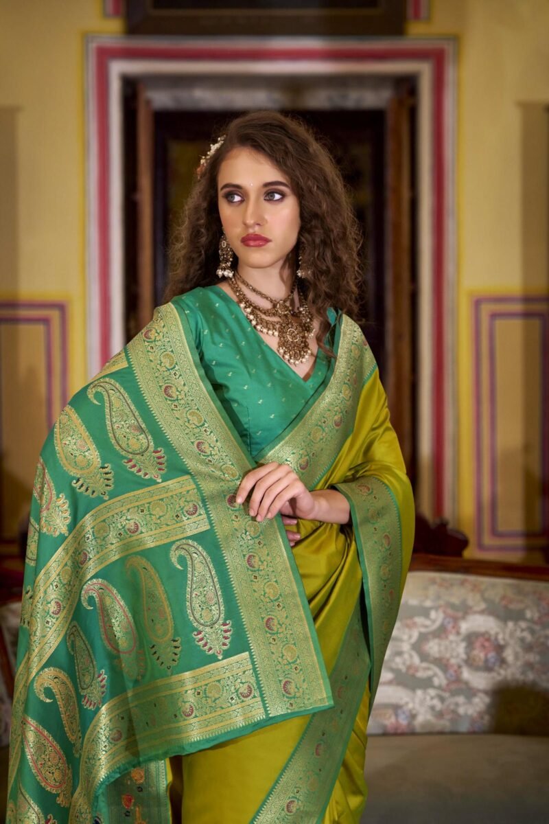 Pista Green Luxury Soft Banarasi Silk with Golden Zari Grandeur Saree - Image 3