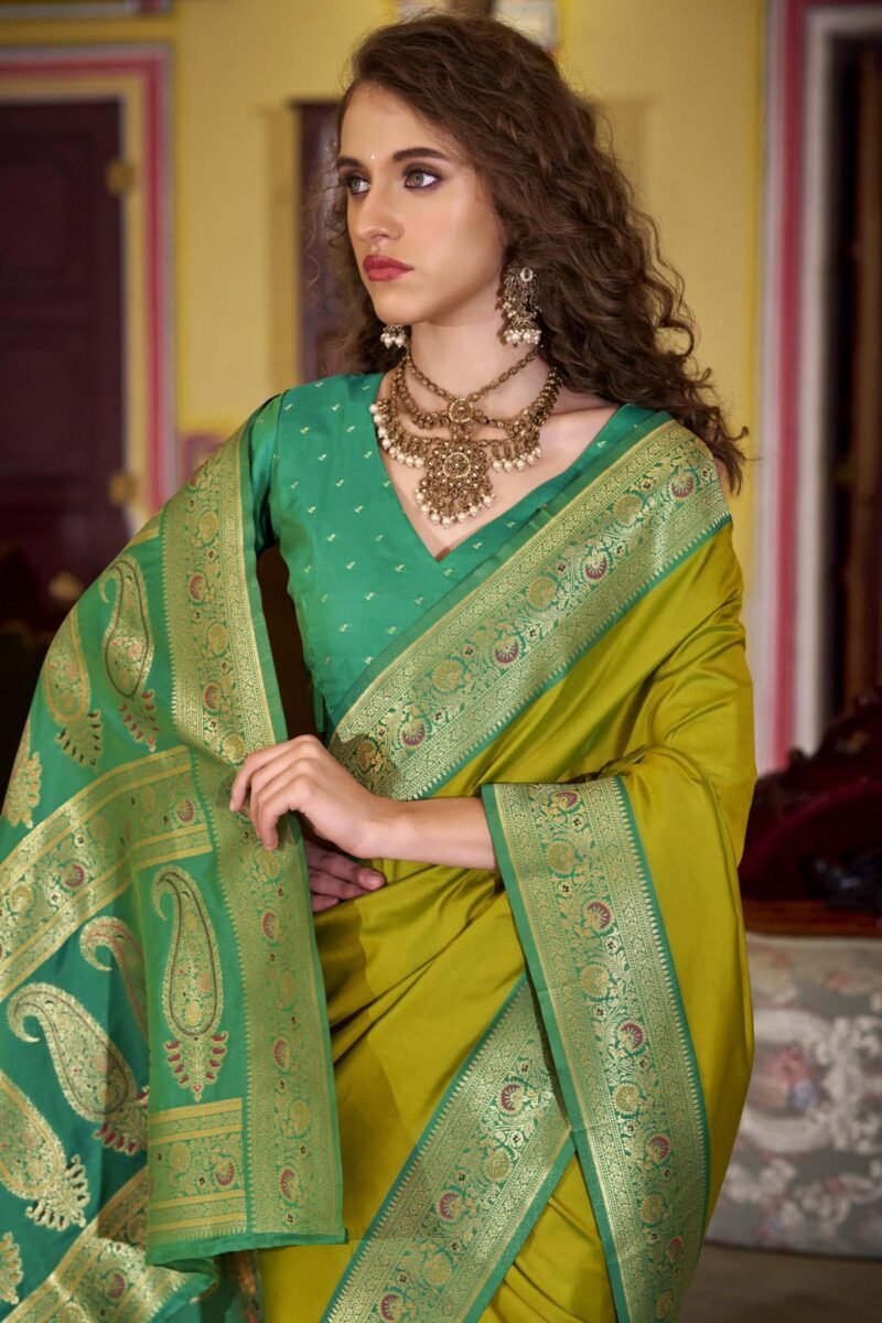 Pista Green Luxury Soft Banarasi Silk with Golden Zari Grandeur Saree - Image 2