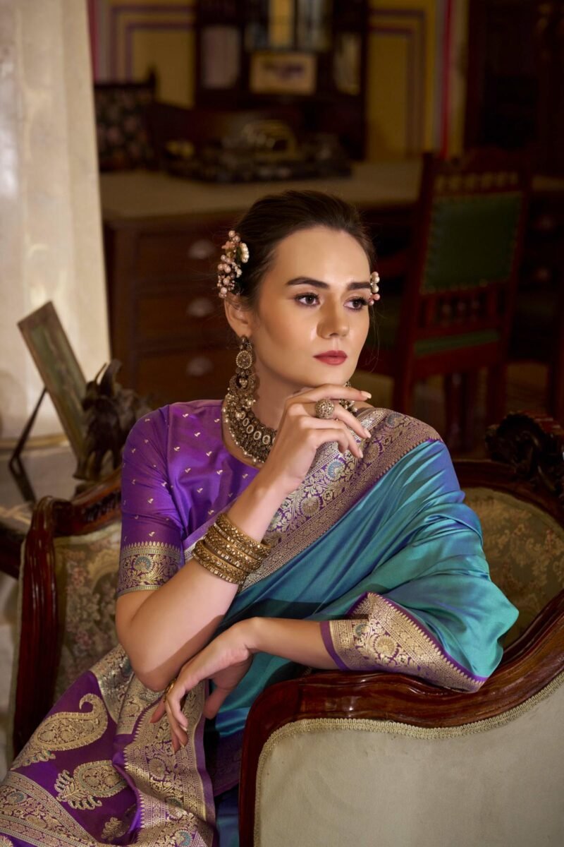 Blue Luxury Soft Banarasi Silk with Golden Zari Grandeur Saree - Image 4