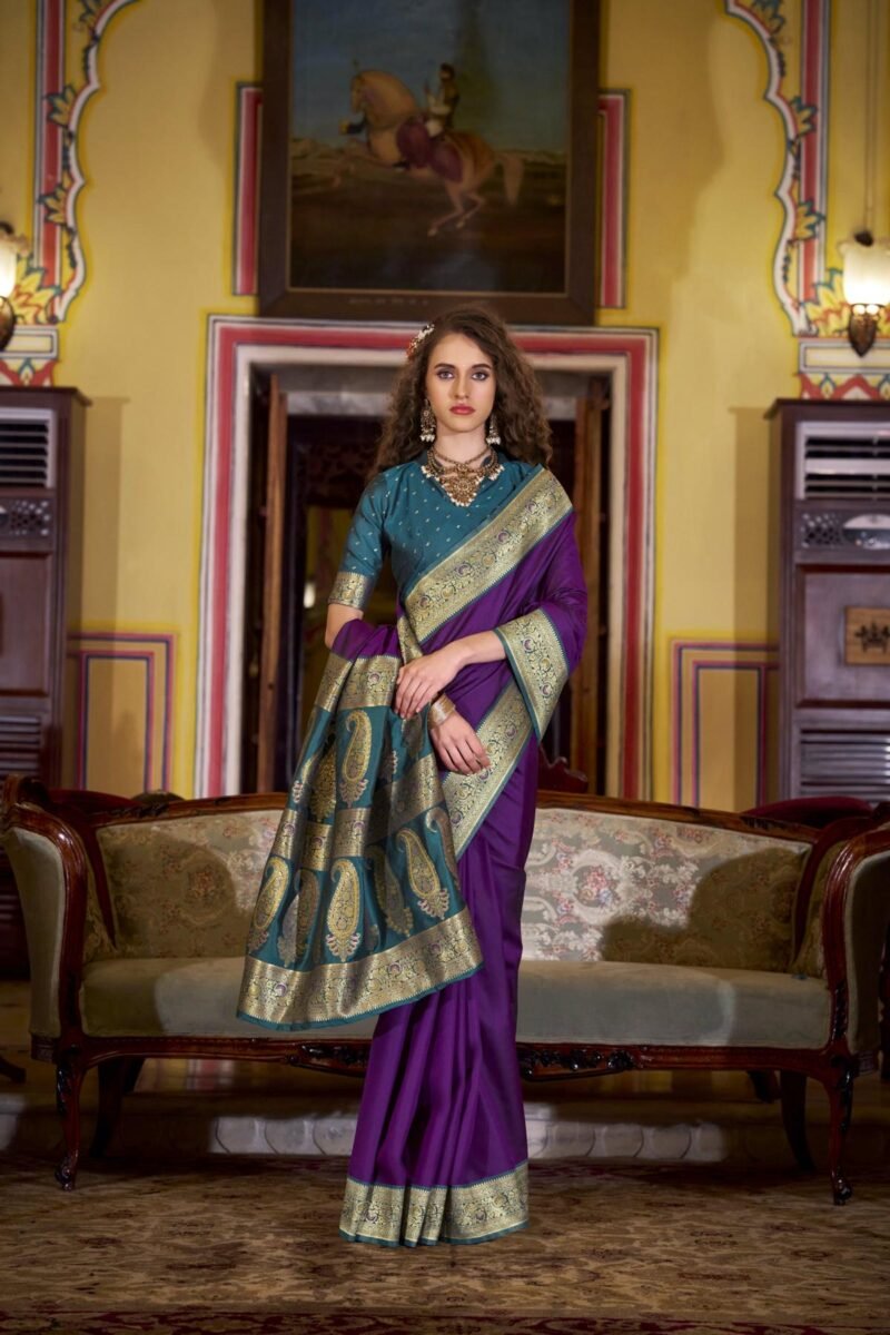Purple Luxury Soft Banarasi Silk with Golden Zari Grandeur Saree - Image 3