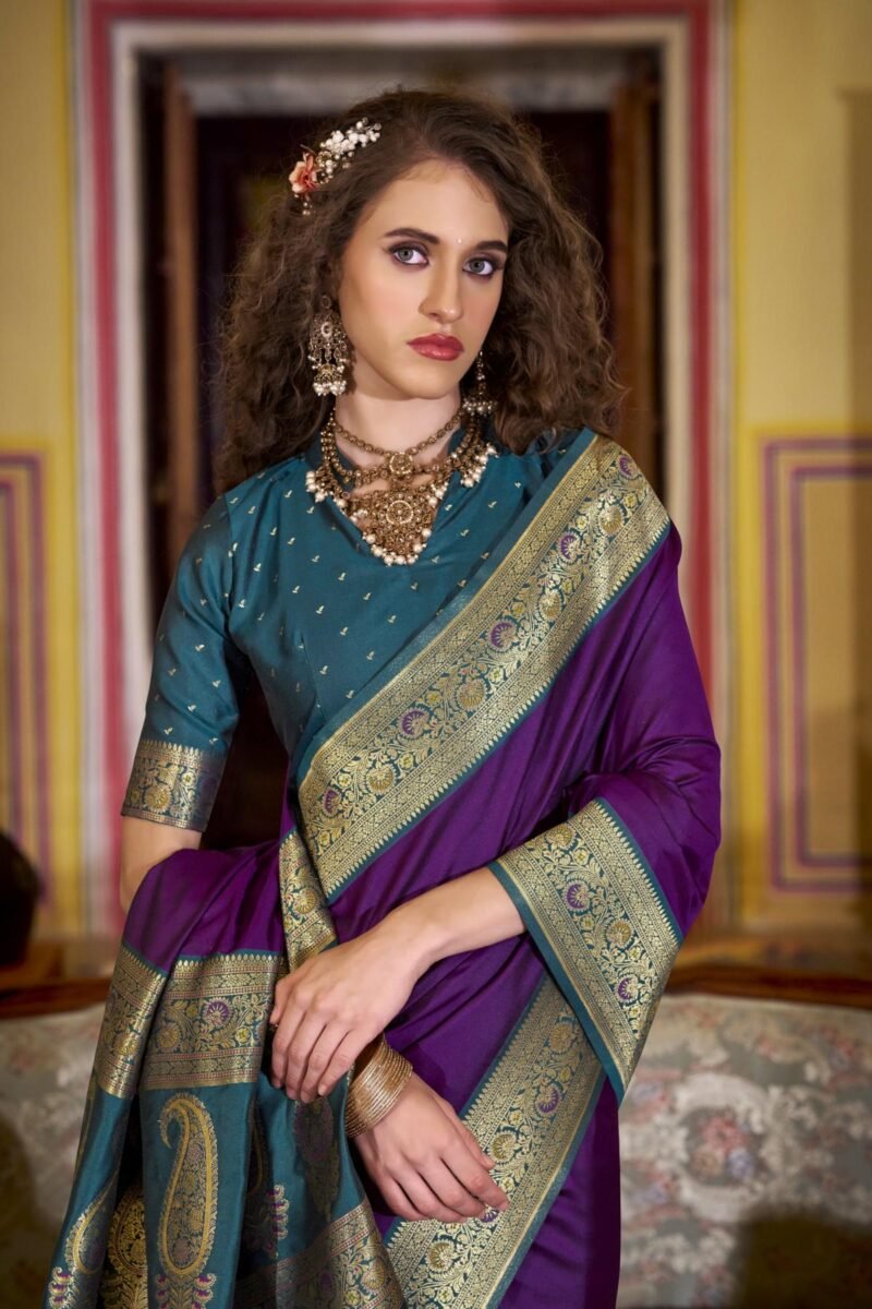 Purple Luxury Soft Banarasi Silk with Golden Zari Grandeur Saree - Image 2