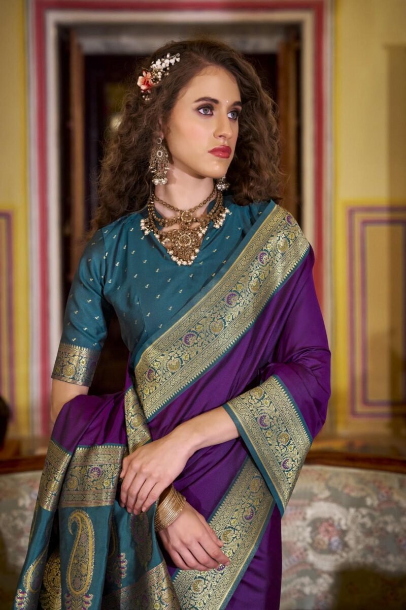 Purple Luxury Soft Banarasi Silk with Golden Zari Grandeur Saree - Image 5