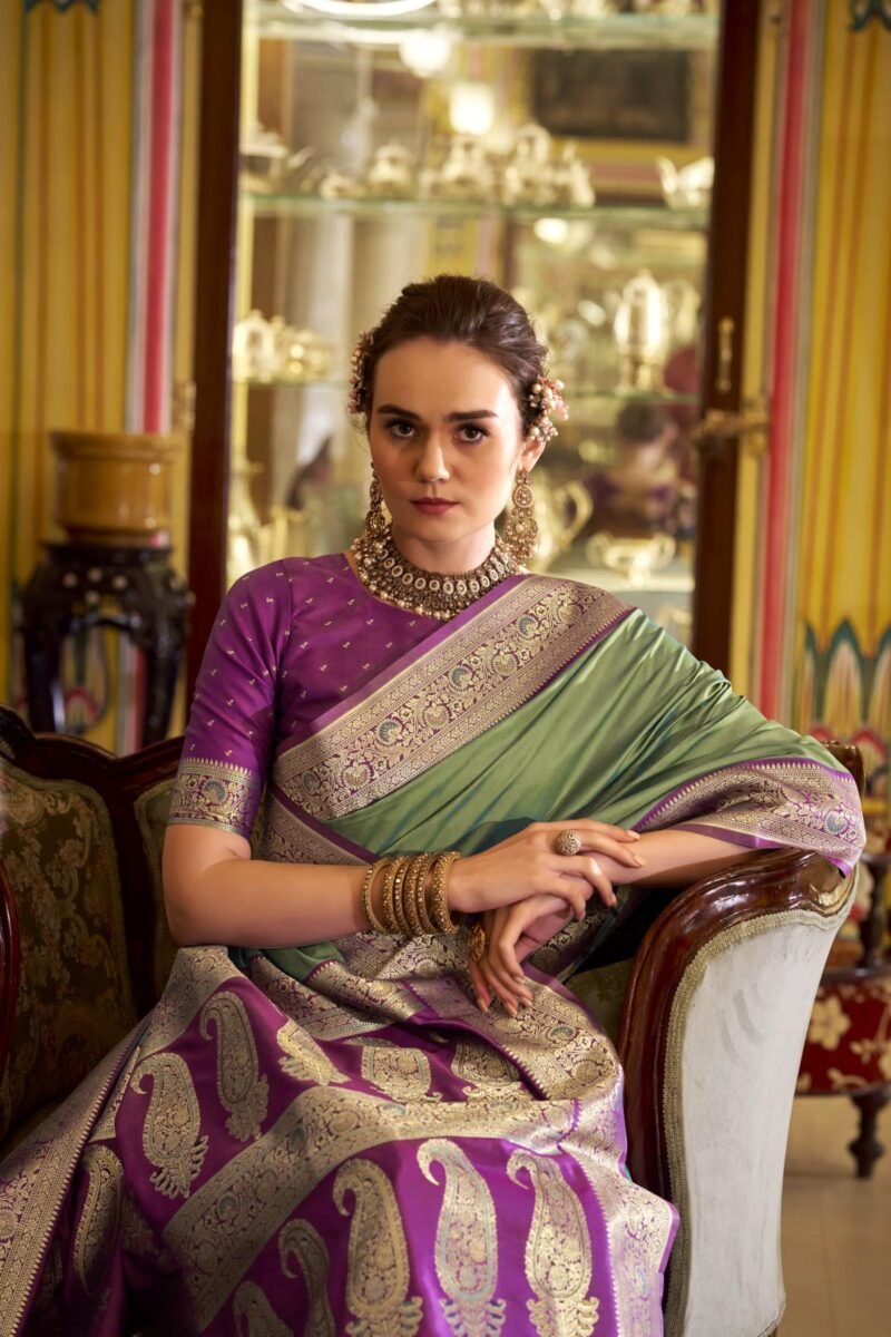 Green Luxury Soft Banarasi Silk with Golden Zari Grandeur Saree - Image 3