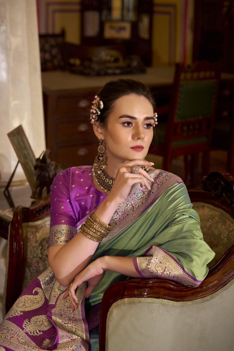Green Luxury Soft Banarasi Silk with Golden Zari Grandeur Saree - Image 4