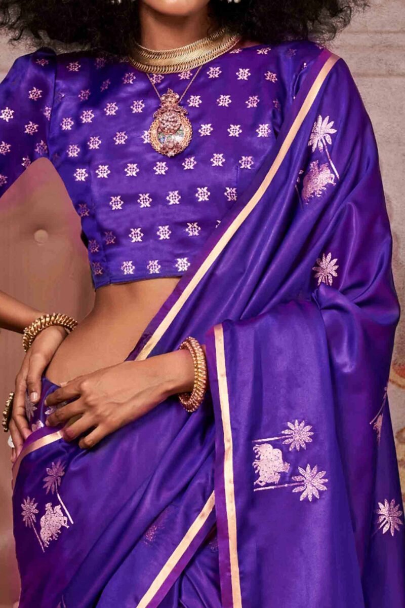 Purple Floral Luxe Zari Weaving Satin Banarasi Silk Saree - Image 3