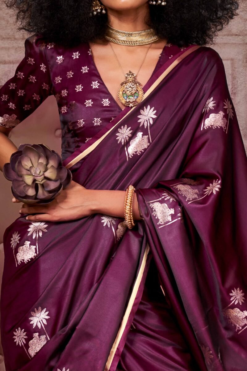 Wine Floral Luxe Zari Weaving Satin Banarasi Silk Saree - Image 3