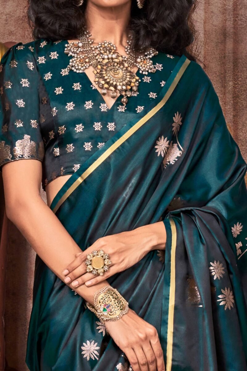 Green Floral Luxe Zari Weaving Satin Banarasi Silk Saree - Image 2