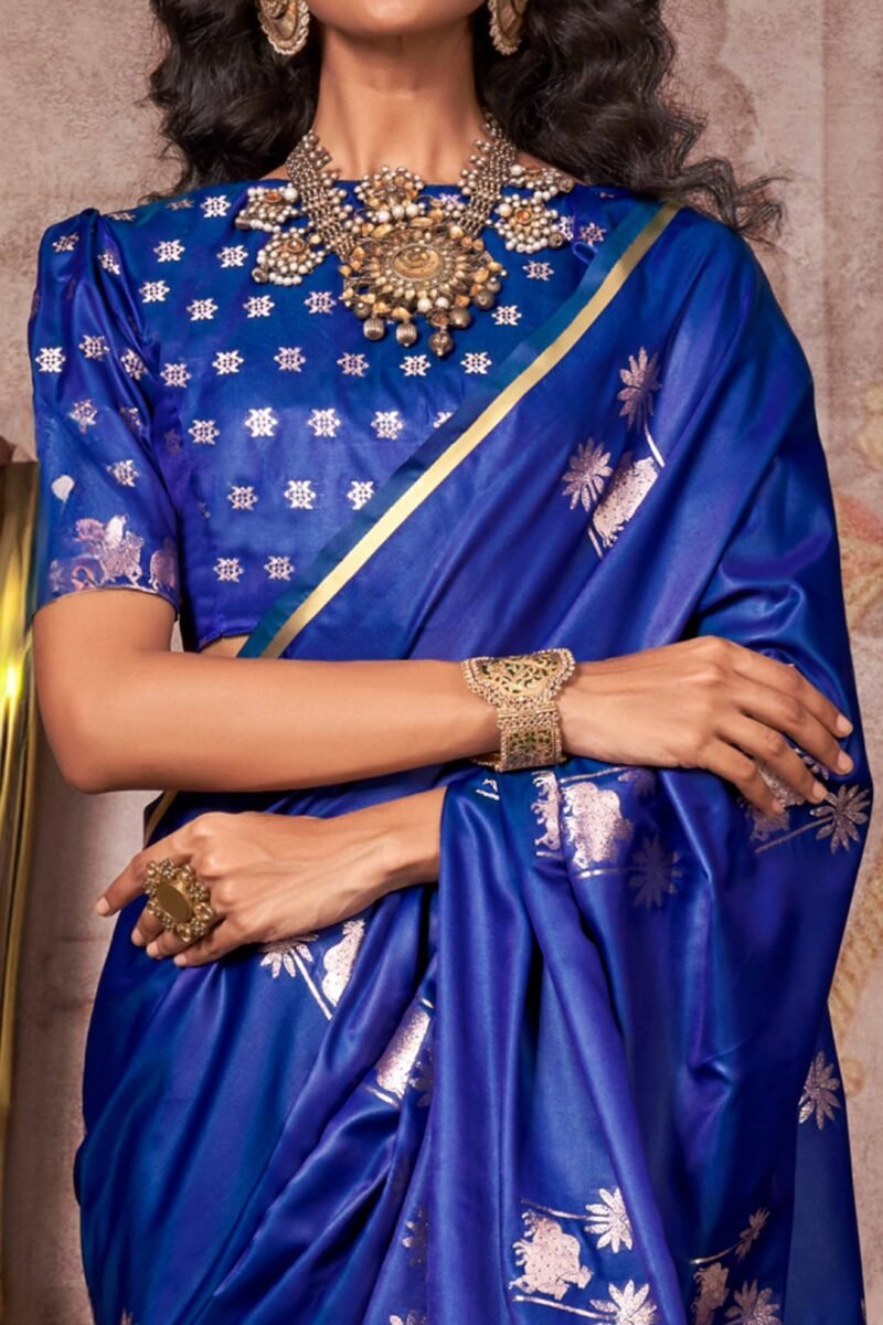 Blue Floral Luxe Zari Weaving Satin Banarasi Silk Saree - Image 3