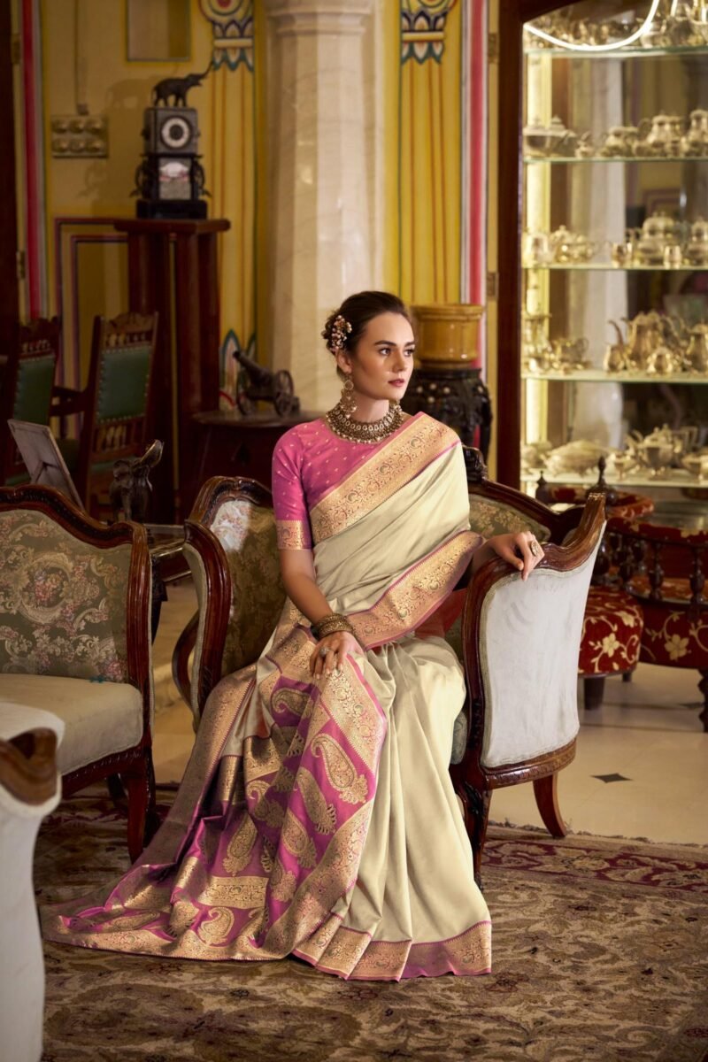 Cream Luxury Soft Banarasi Silk with Golden Zari Grandeur Saree - Image 4
