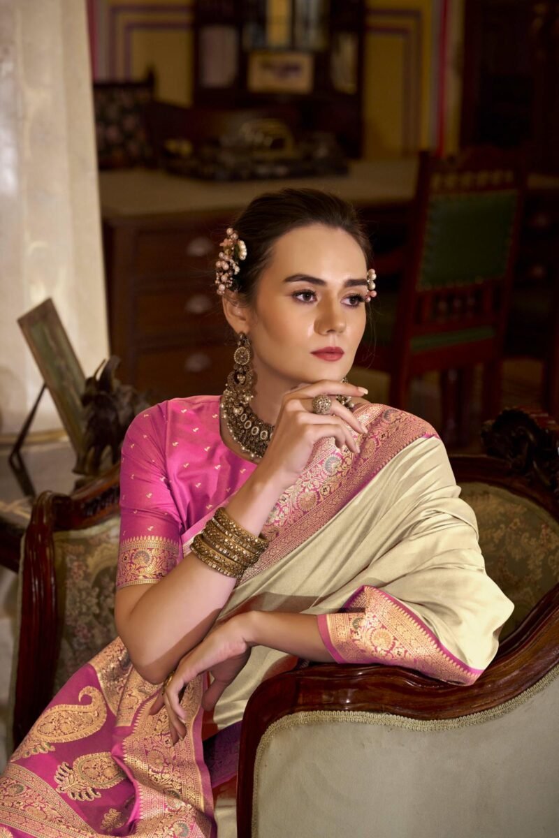 Cream Luxury Soft Banarasi Silk with Golden Zari Grandeur Saree - Image 3