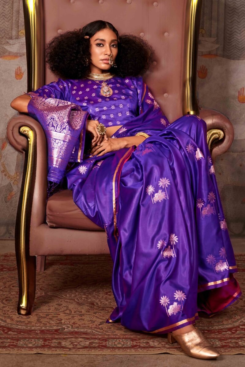 Purple Floral Luxe Zari Weaving Satin Banarasi Silk Saree - Image 2