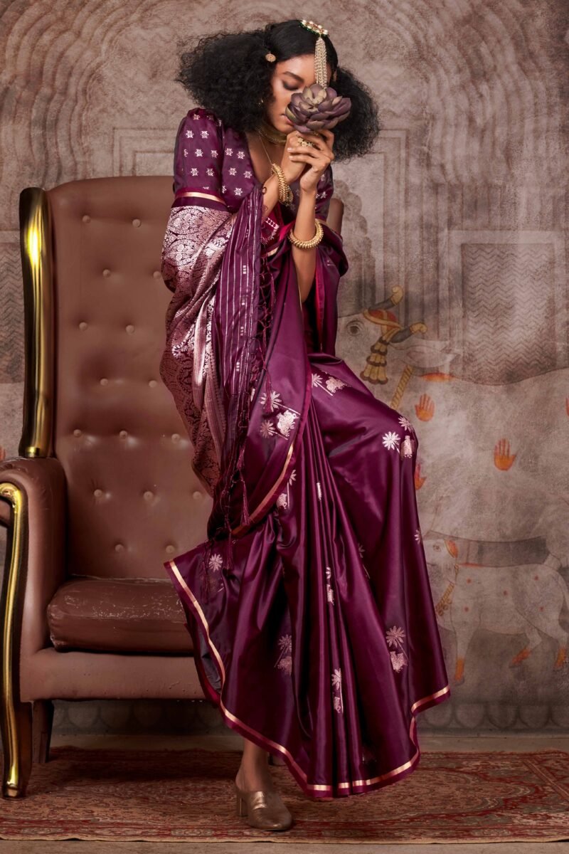 Wine Floral Luxe Zari Weaving Satin Banarasi Silk Saree - Image 2