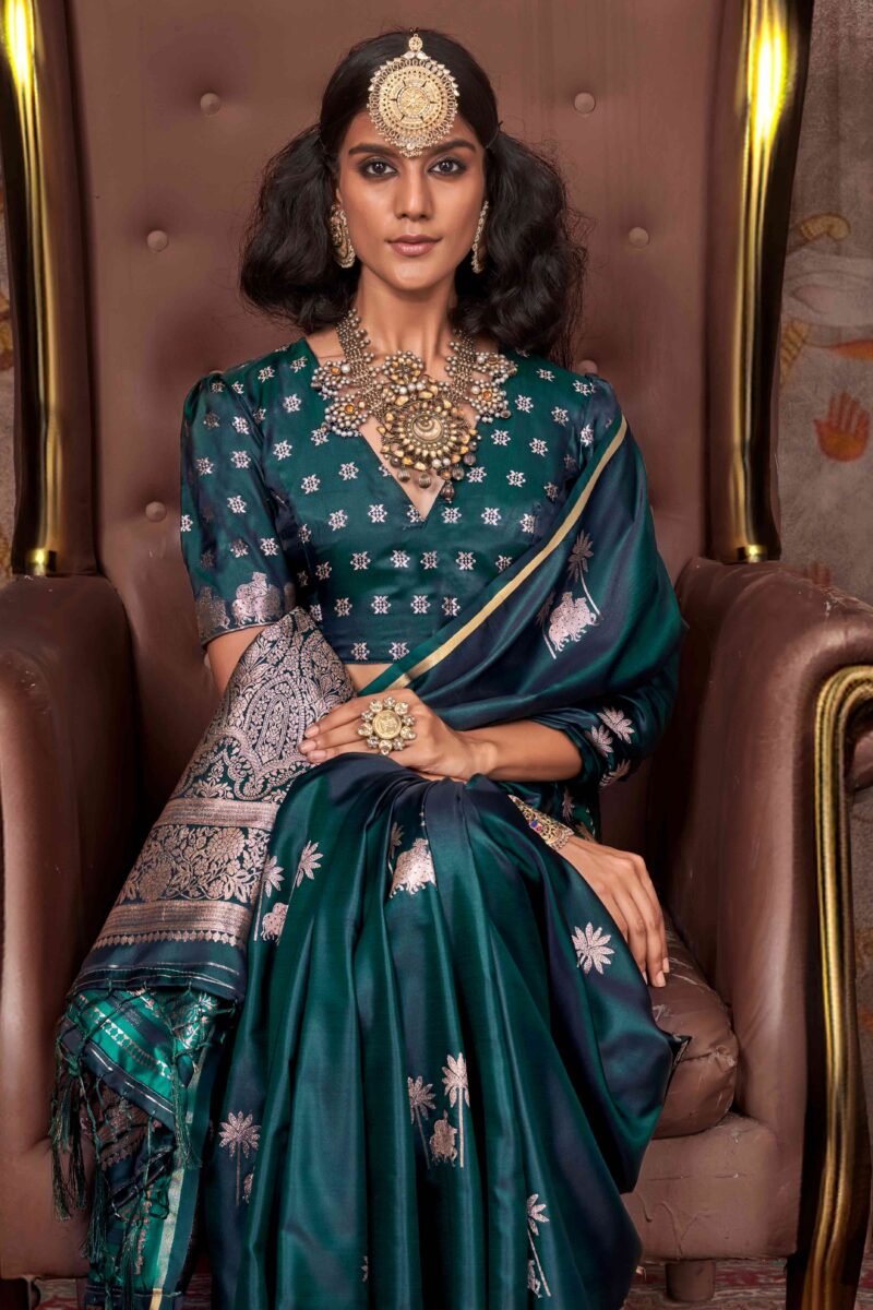 Green Floral Luxe Zari Weaving Satin Banarasi Silk Saree - Image 3