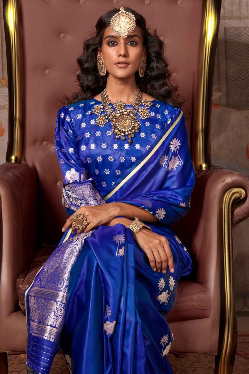 Blue Floral Luxe Zari Weaving Satin Banarasi Silk Saree - Image 2