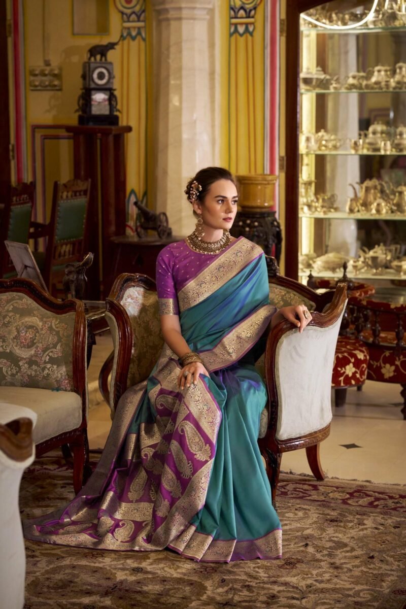Turquoise Luxury Soft Banarasi Silk with Golden Zari Grandeur Saree - Image 4