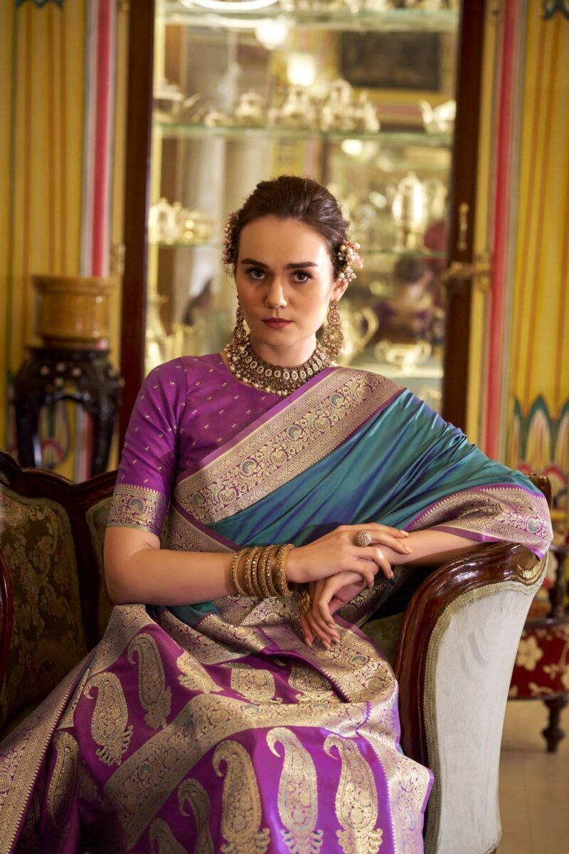 Turquoise Luxury Soft Banarasi Silk with Golden Zari Grandeur Saree - Image 3