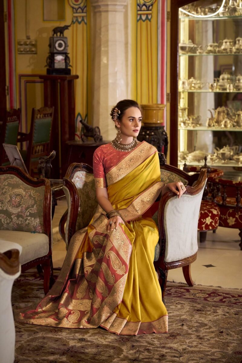 Yellow Luxury Soft Banarasi Silk with Golden Zari Grandeur Saree - Image 4