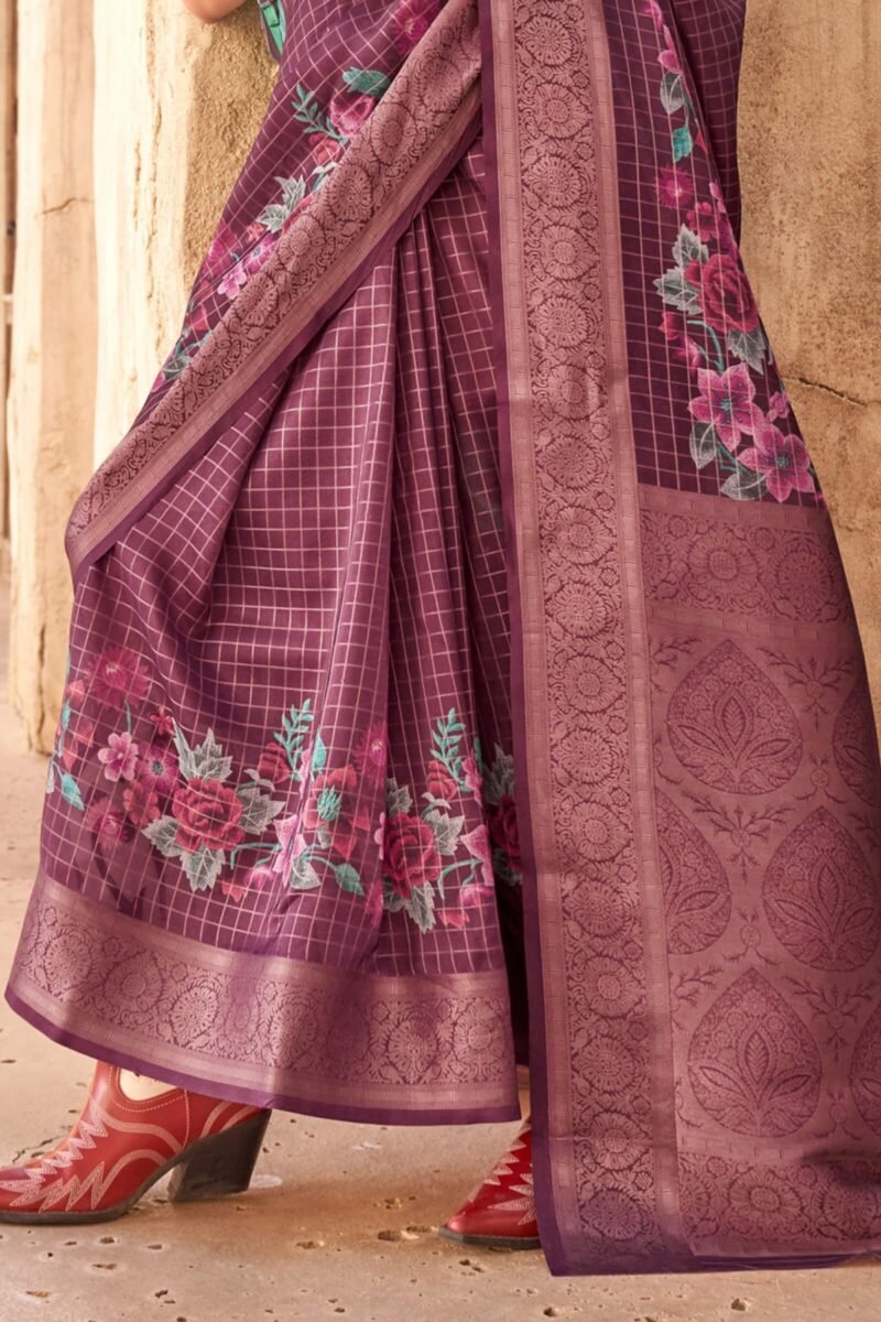 Brownish Purple Zari Woven Printed Georgette Saree - Image 2