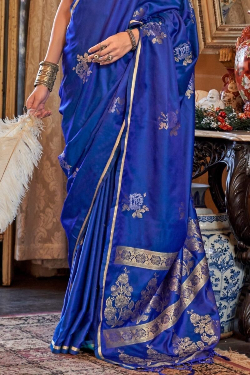 Cobalt Blue Banarasi Satin Silk Saree - Image 2