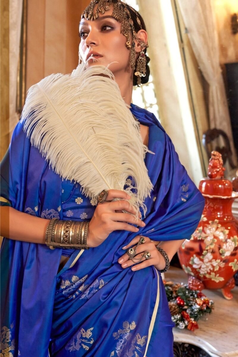 Cobalt Blue Banarasi Satin Silk Saree - Image 3