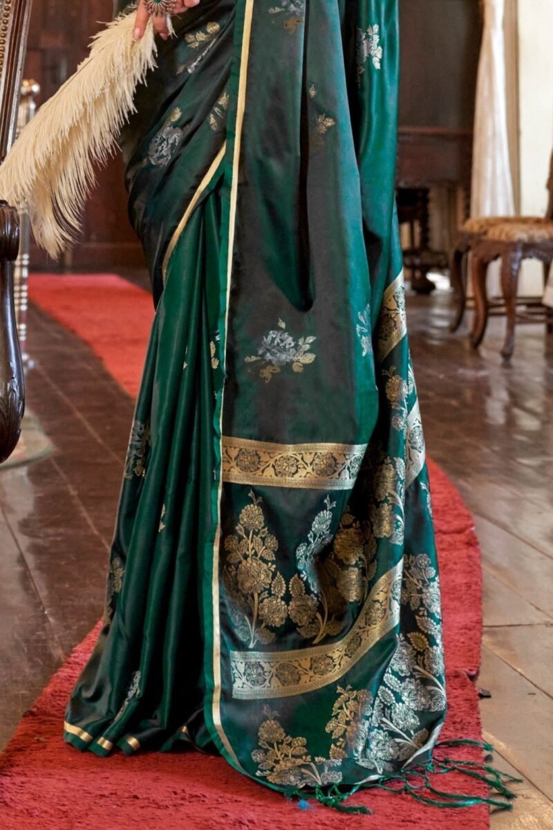 Emerald Green Banarasi Satin Silk Saree - Image 2