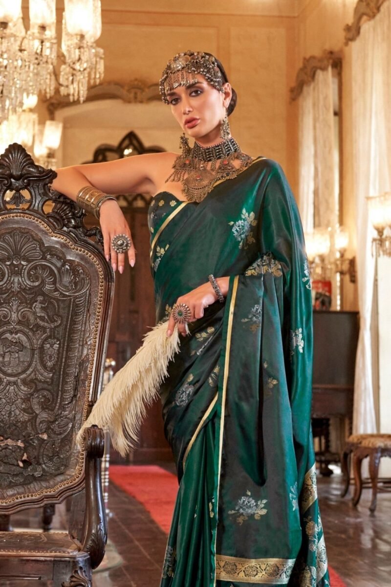 Emerald Green Banarasi Satin Silk Saree - Image 3