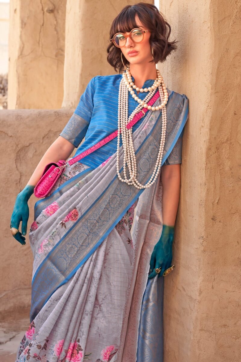 Grey and Blue Zari Woven Printed Georgette Saree - Image 2