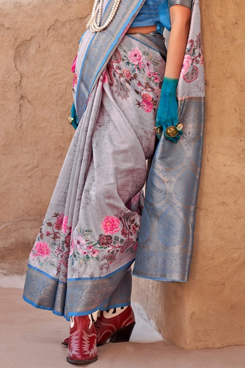 Grey and Blue Zari Woven Printed Georgette Saree - Image 3